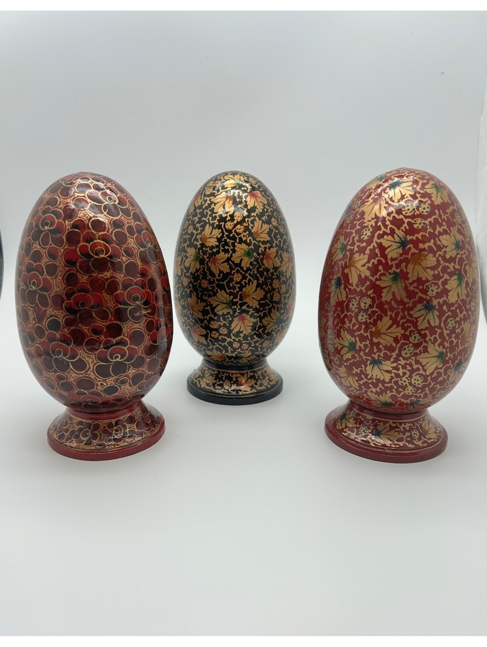 3 Handpainted Wood Eggs on Stands